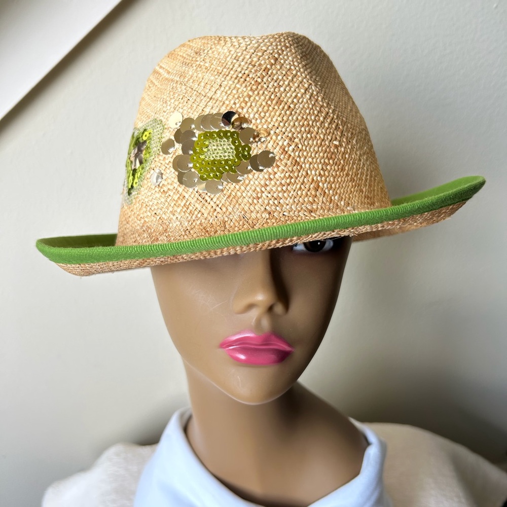 Natural Straw and Green Sequin Fedora Hat